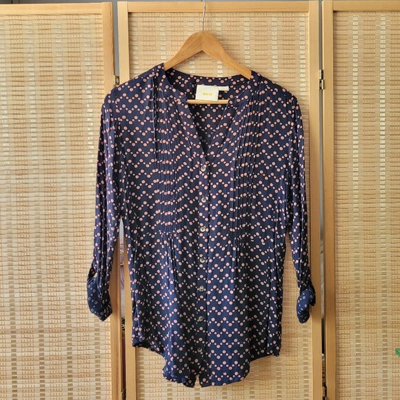 ANTHROLOGIE MAEVE Navy Blouse Button Pink Dots - Picture 1 of 5